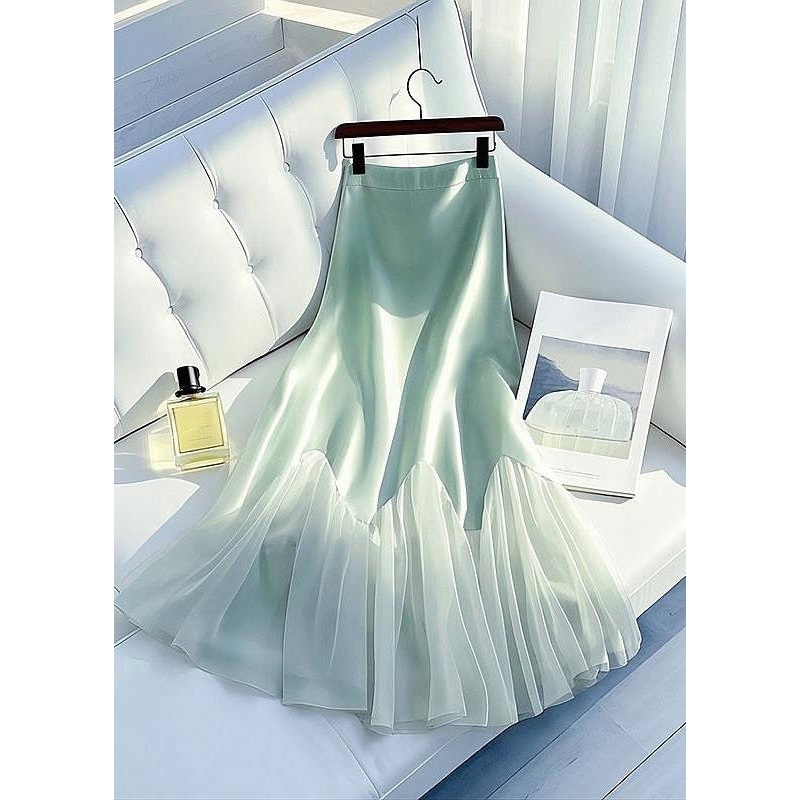 Tulle Maxi Skirt Patchwork Art Green Waist Summer Silk Light High