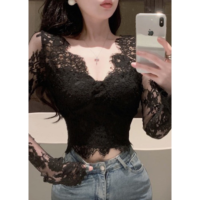 V Lace Spring Black Top Fit Slim Neck