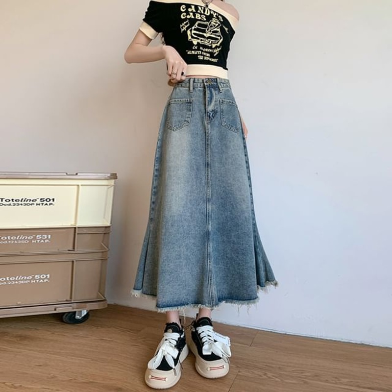 Waist Fringed Skirt Denim Midi A-Line High