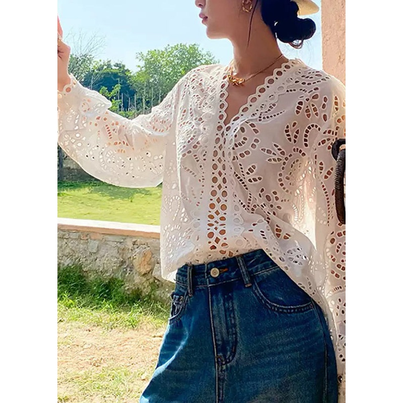 White Chic Hollow V Shirt Summer Out Embroidered Neck