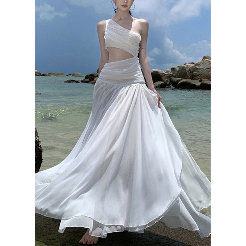 White Vacation Chiffon Asymmetrical Wrinkled French Dresses