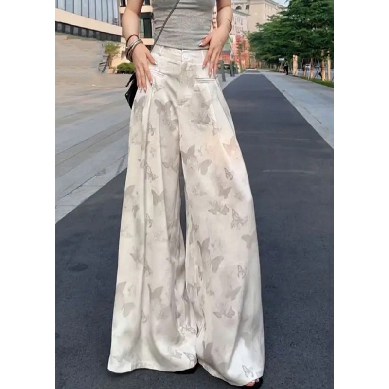Wide Pants White High Loose Silk Summer Waist Print Leg Ice