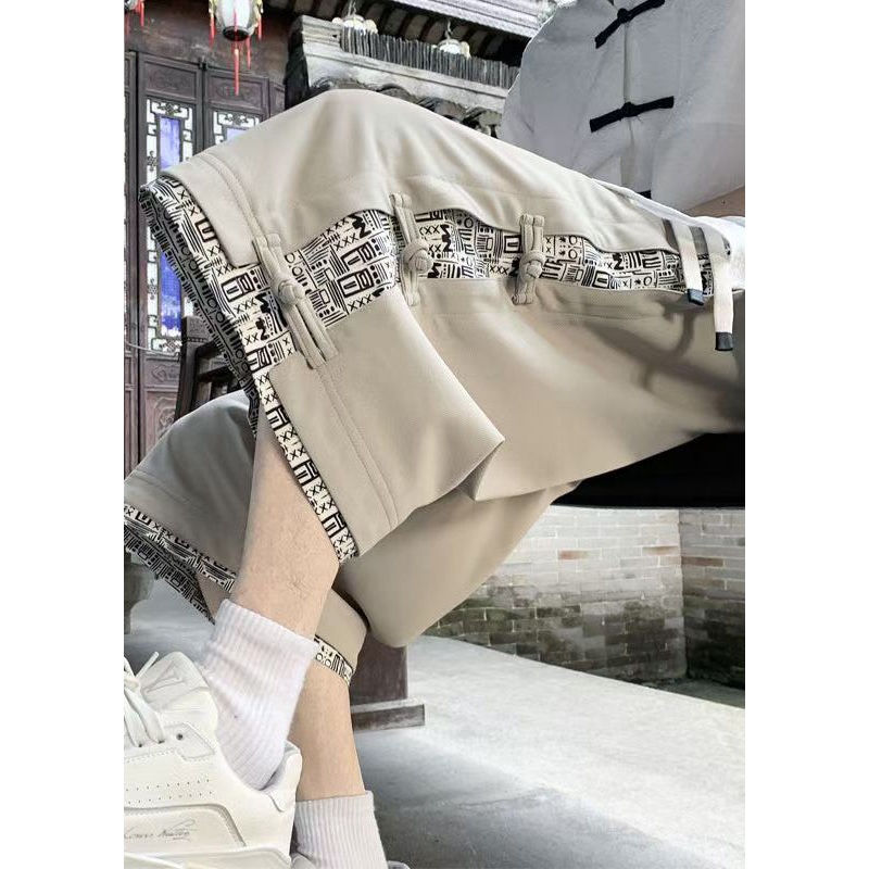 Art Pants Men Cotton Button Crop Patchwork Summer Beige Print