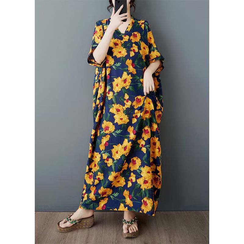 Batwing Yellow Dress Oversized Long Sleeve Cotton Print