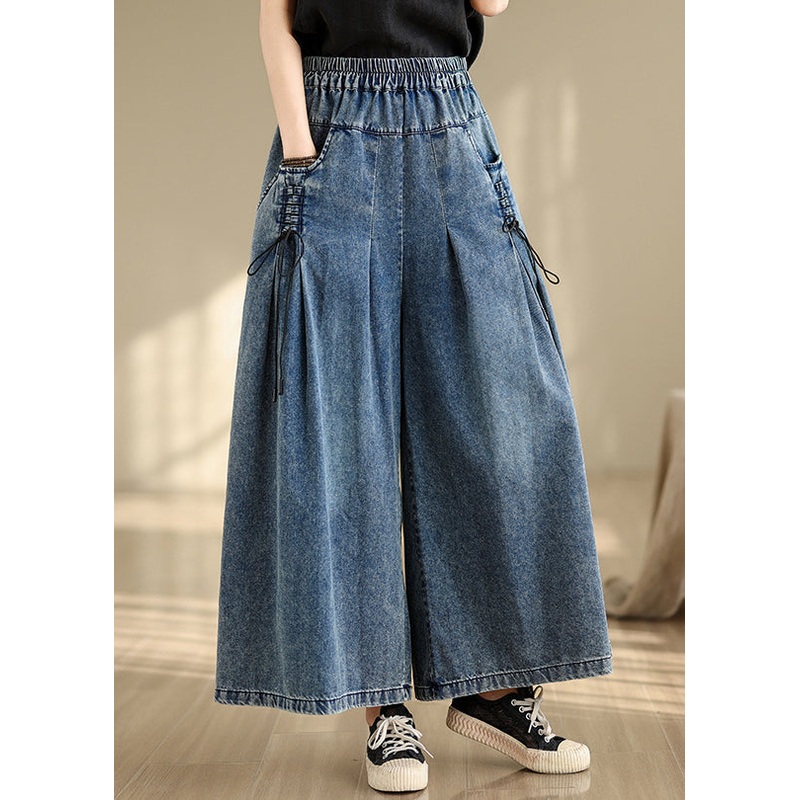 Blue Leg Strap Summer Wrinkled Wide Denim Cross Pants