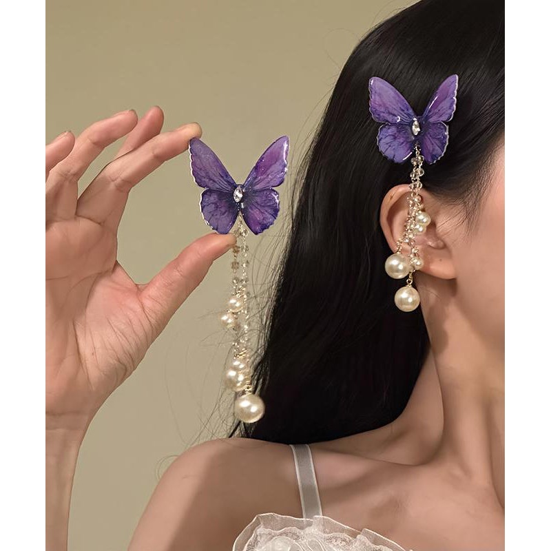 Butterfly Style Alloy Hairpin Purple Zircon Tassel Pearl