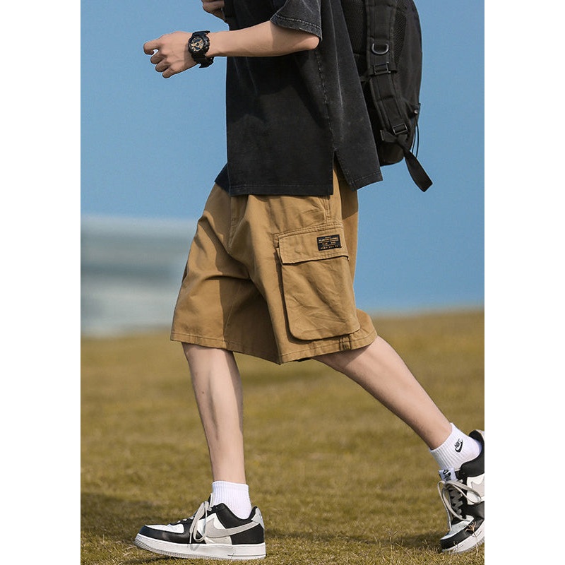 Casual Pockets Shorts Elastic Summer Khaki Mens Cotton Waist