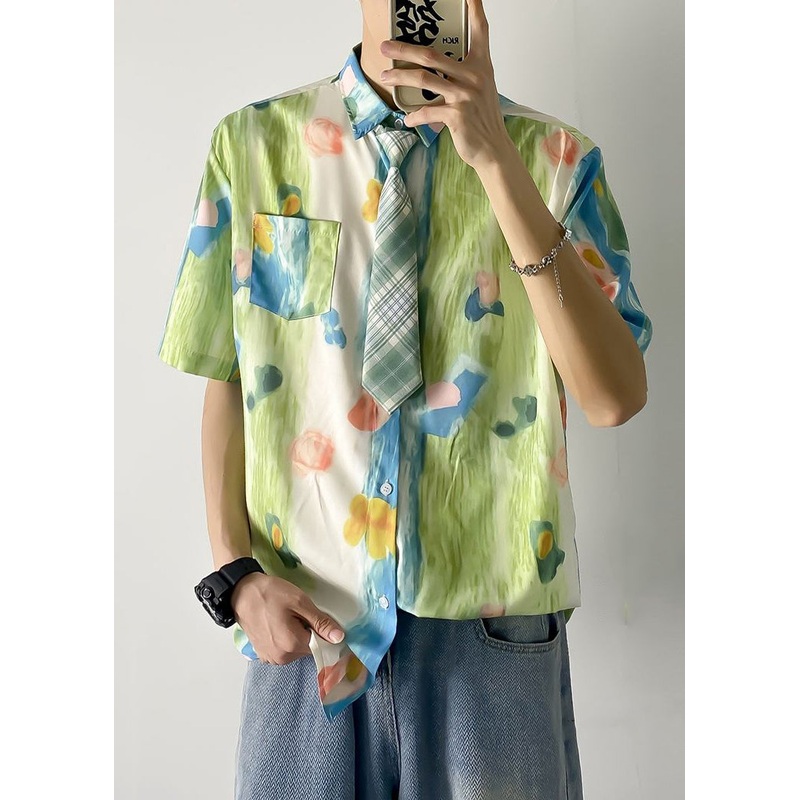 Cotton Peter Pockets Pan Print Shirts Mens Chic Green Collar