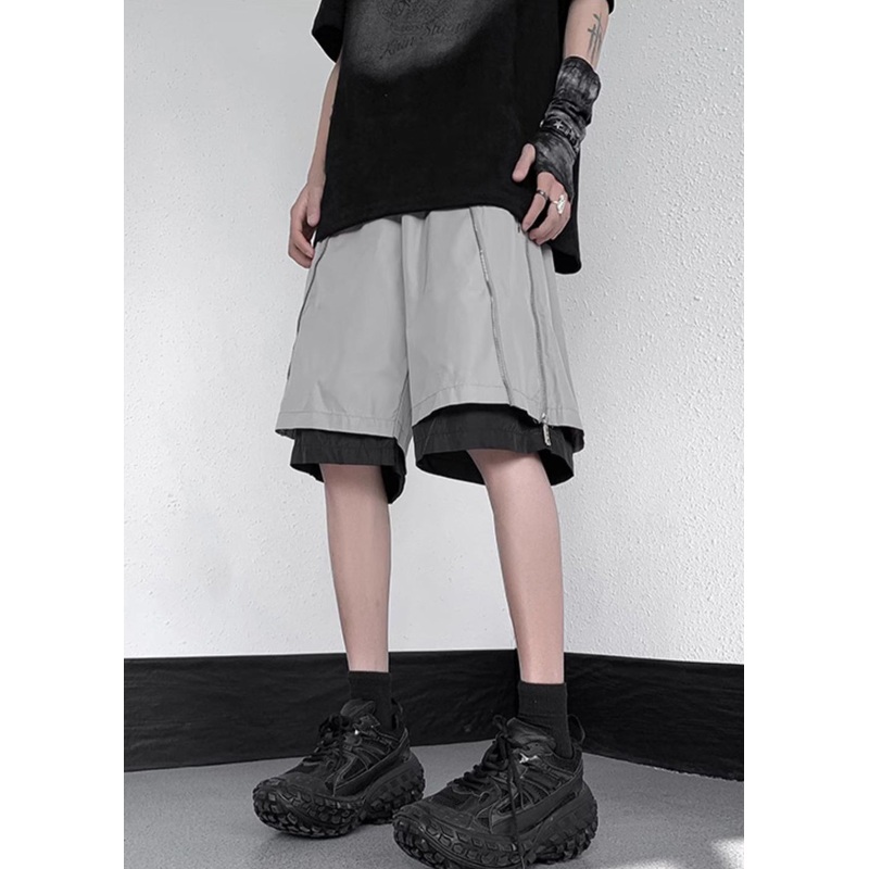 Cotton Two Pieces Original Shorts Zippered Summer Grey Men False