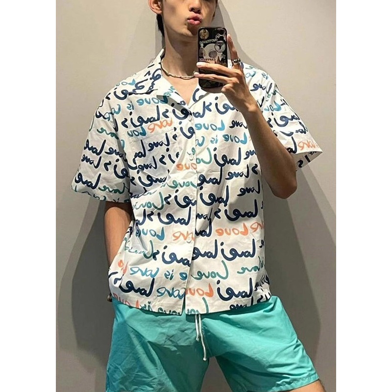 Cotton White Summer Mens Print Pockets Shirts New