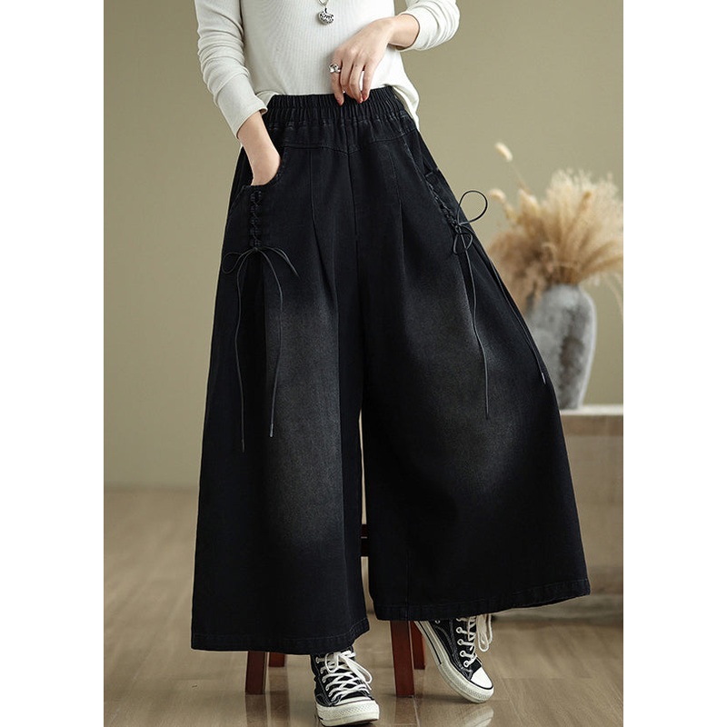 Cross Denim Strap Wide Leg Summer Black Modern Pants