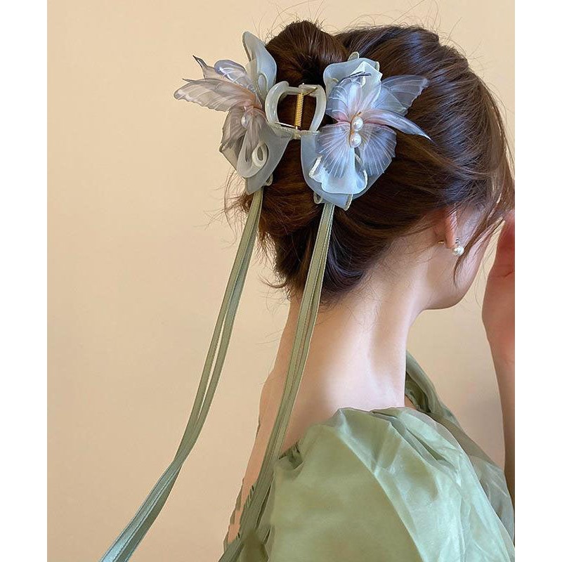 Hairpin Fabric Ribbon Green Acrylic Beautiful Pearl Bow