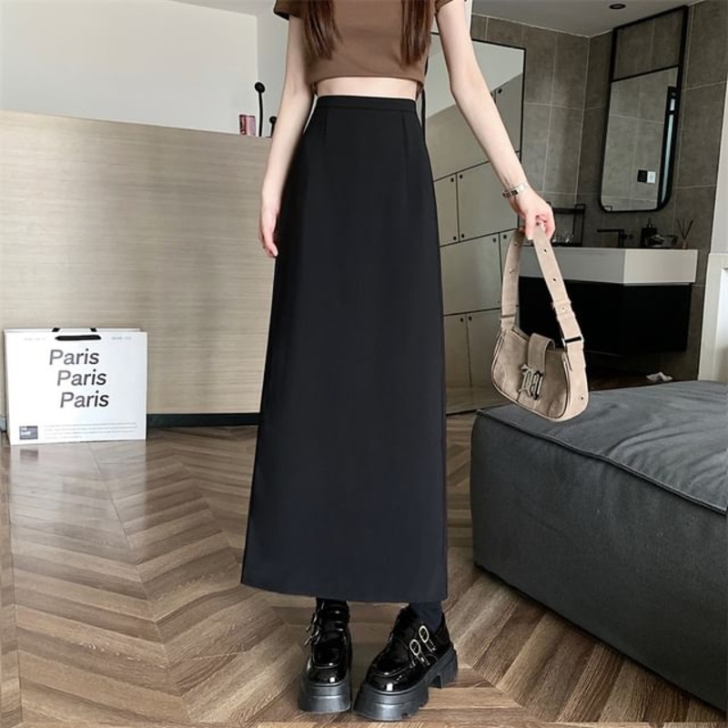 High Back-Slit A-Line Plain Rise Maxi Skirt