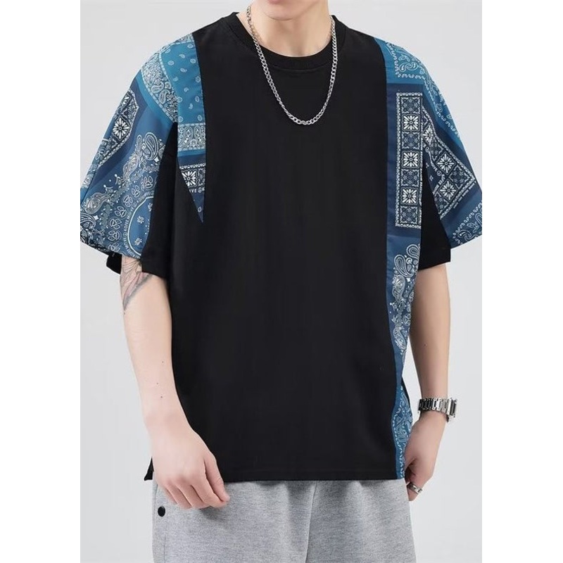 Loose T Cotton Shirt Black Mens Neck Summer O Patchwork