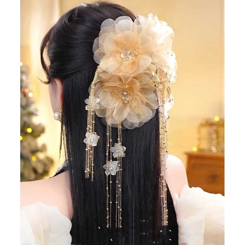 New Zircon Hairpin Tassel Floral Butterfly Tulle Champagne