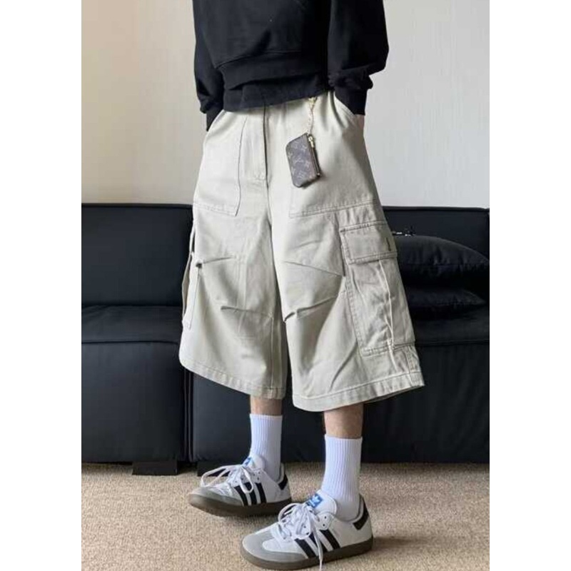 Pants Men Cotton Summer High Casual Crop Apricot Waist Pockets