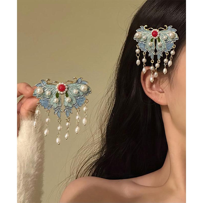 Retro Tassel Pearl Enameling Butterfly Blue Alloy Hairpin