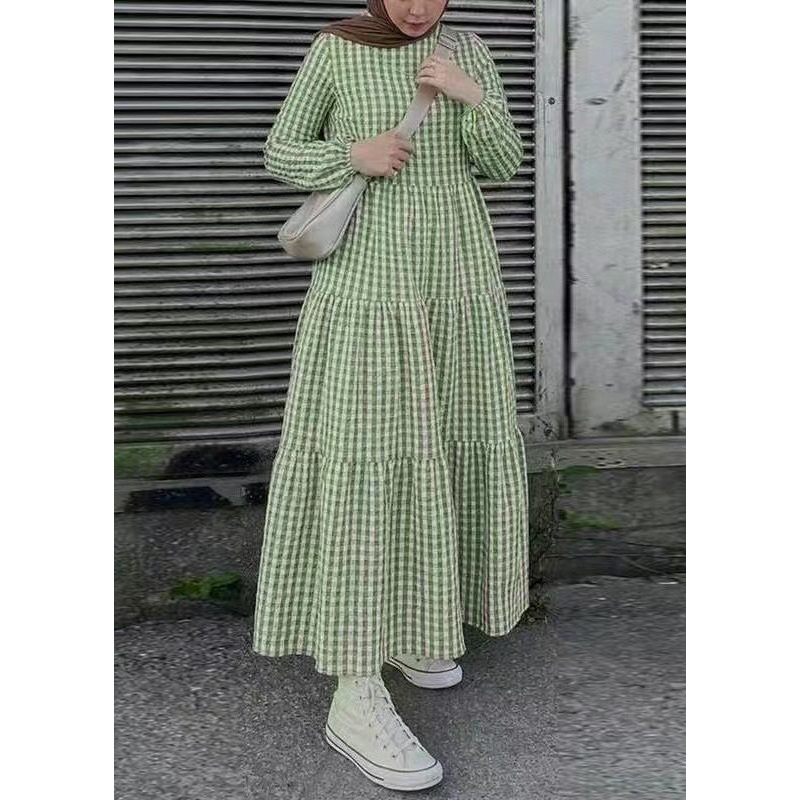 Spring Dresses Plaid Simple Cotton Maxi Green