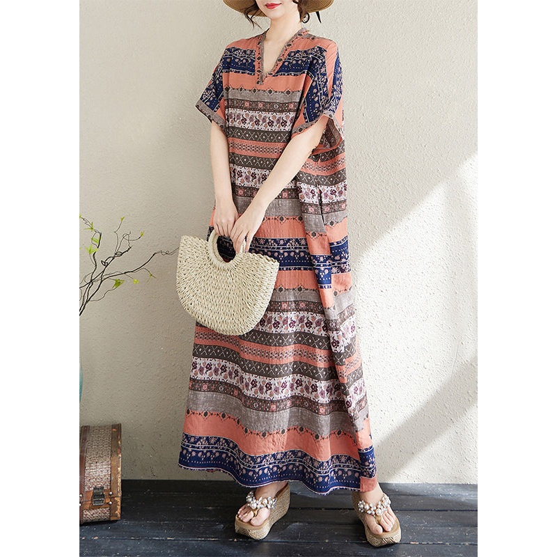 Style Summer Orange Print Long Dresses Cotton Oversized Striped