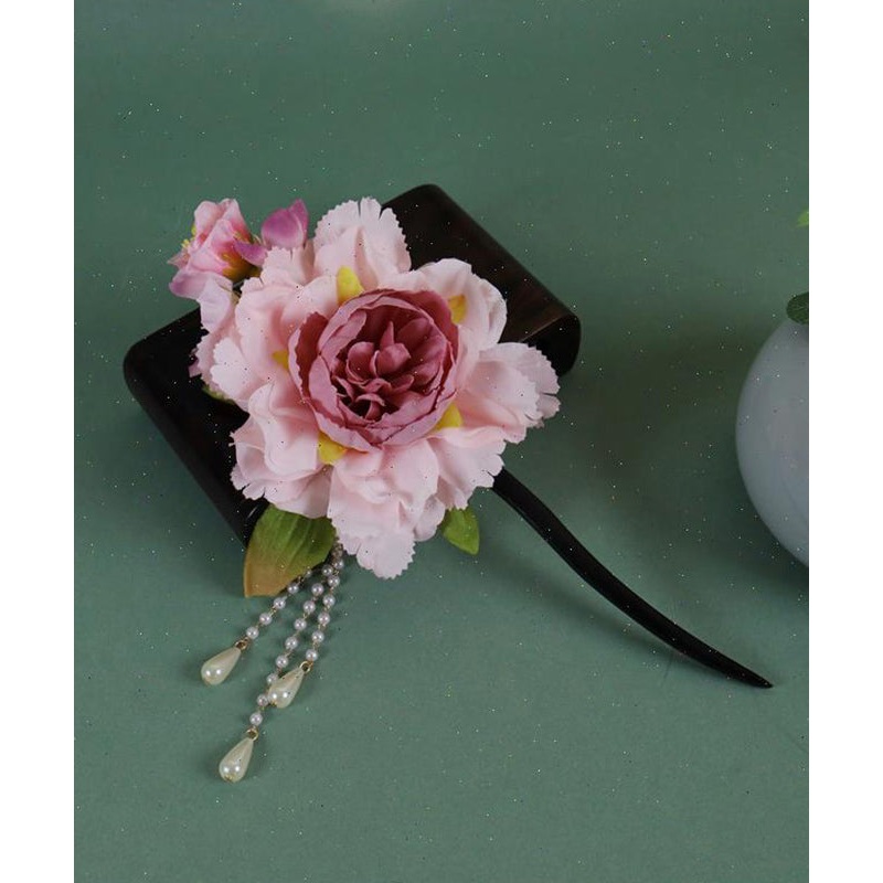 Tassel Wooden Pearl Hairpin Peony Chinese Style Pink