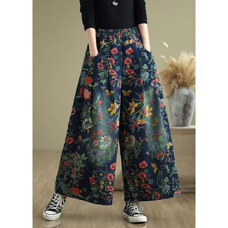 Wide Denim Summer Navy Print Beautiful Leg Pants Oversized