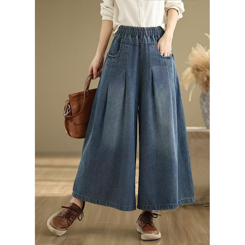 Wrinkled Elastic Wide Summer Denim Waist Pants Leg Navy Unique