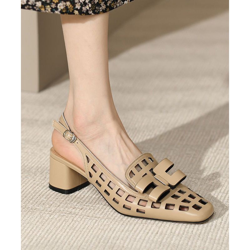 Apricot Sandals Classy Out Hollow Faux Leather Splicing