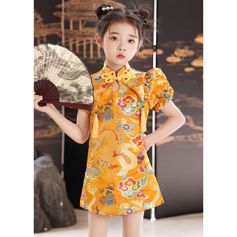 Baby Unique Collar Stand Print Girls Yellow Mid Summer Dresses