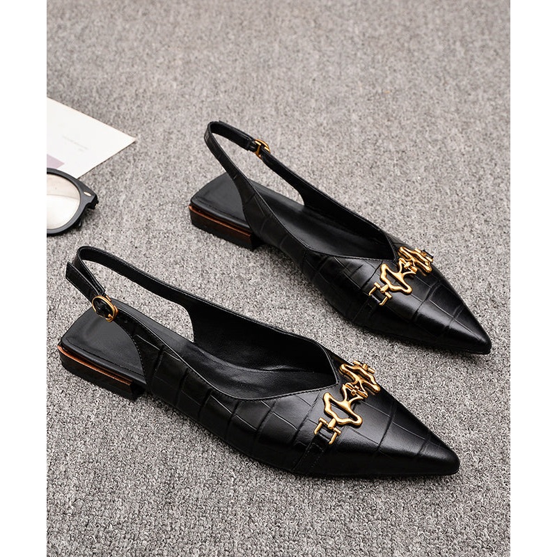 Black Fashion Cowhide Sandals Leather Splicing Sequined Pointed