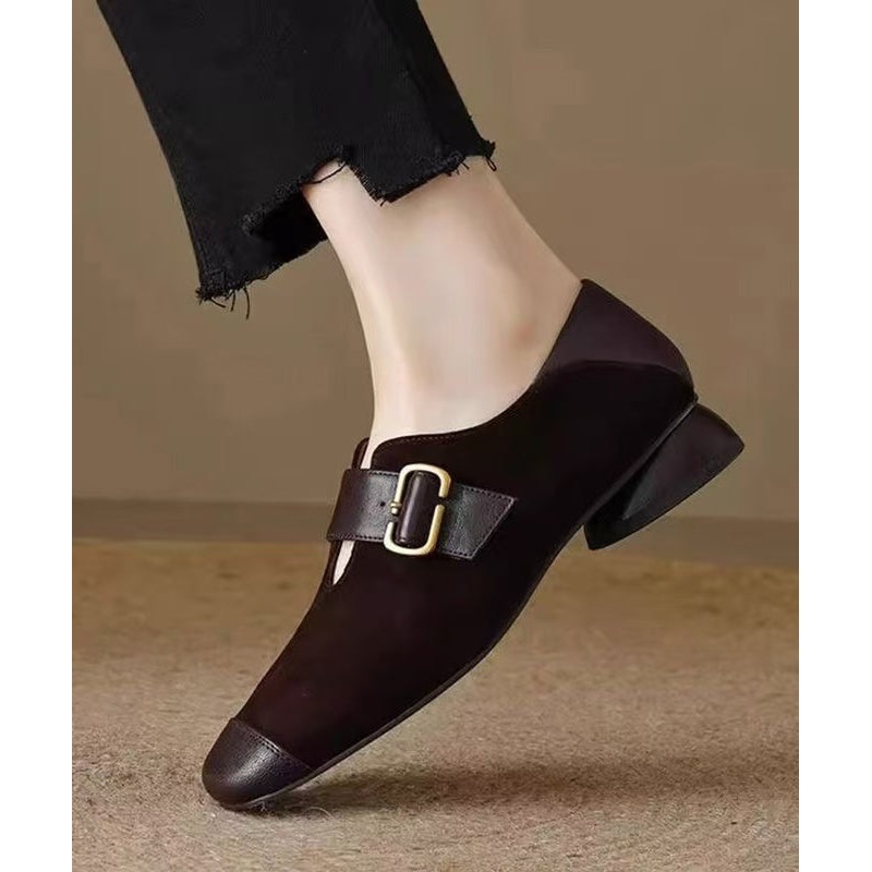 Brown Buckle Strap For Splicing Suede Women Chunky Loafers