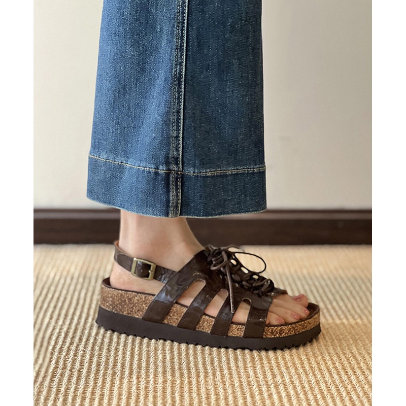 Brown Out Lace Toe Hollow Splicing Up Sandals Peep Platform