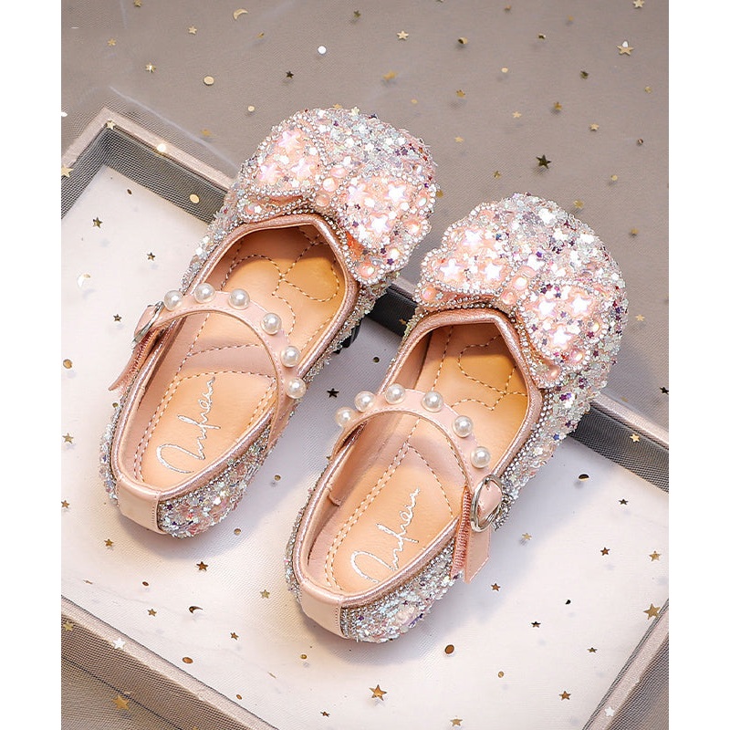 Buckle Kids Zircon Shoes Bow For Pink Flat Girls Strap