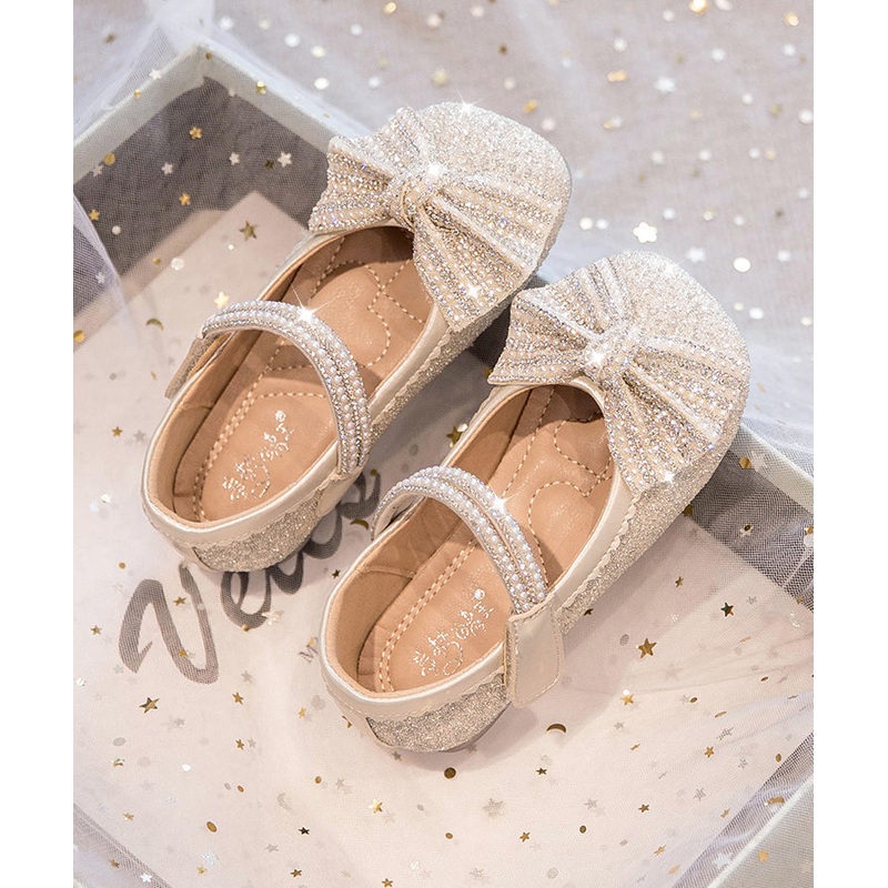 Buckle Shoes Beige Strap Bead Nail Girls Princess Kids Bow Fine