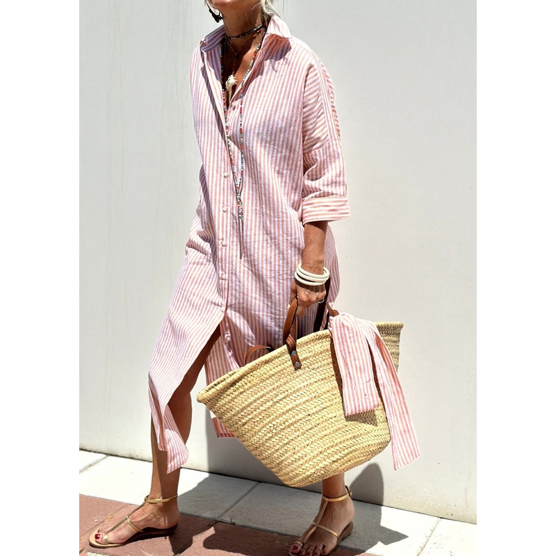 Button Natural Striped Maxi Pink Open Collar Side Peter Pan