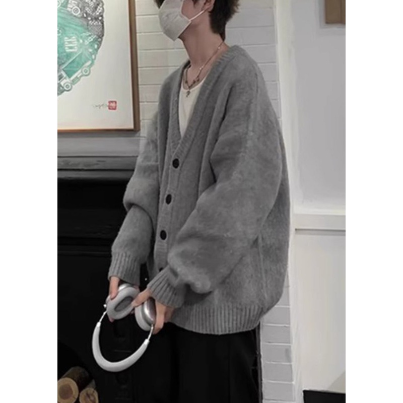 Cardigans Button Neck Spring Casual Knit V Grey Mens