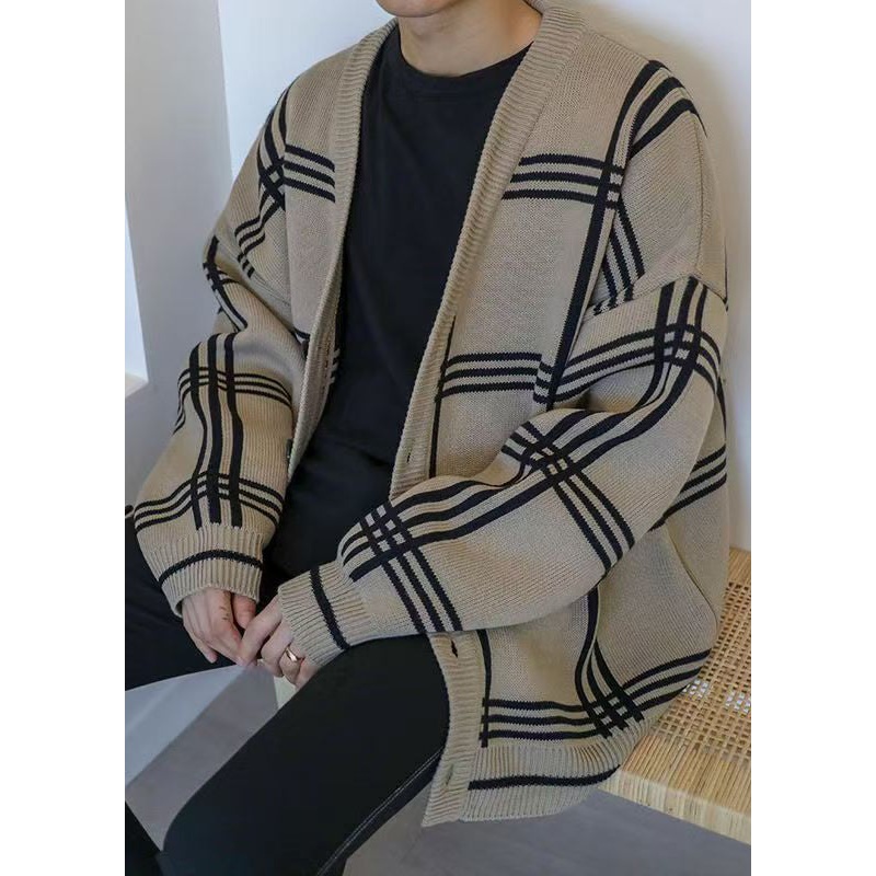Cardigans Knit Spring Button Plaid Men Art Khaki