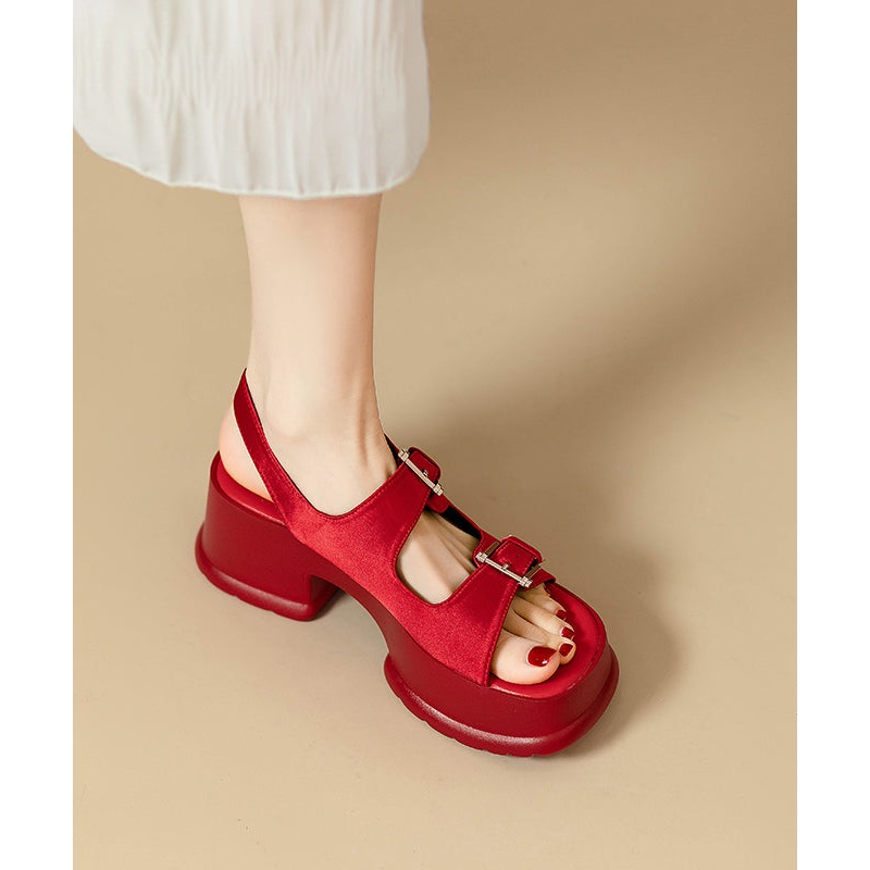 Chic Red Faux Buckle Strap Leather Sandals Splicing Platform