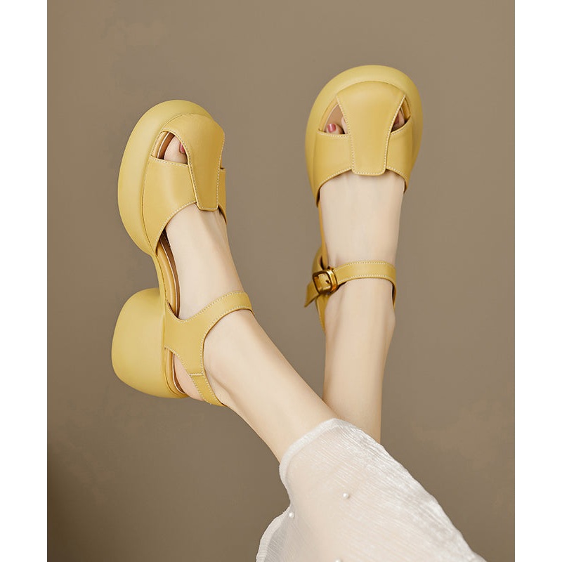Chunky Sheepskin Buckle Boutique Splicing Sandals Yellow Strap