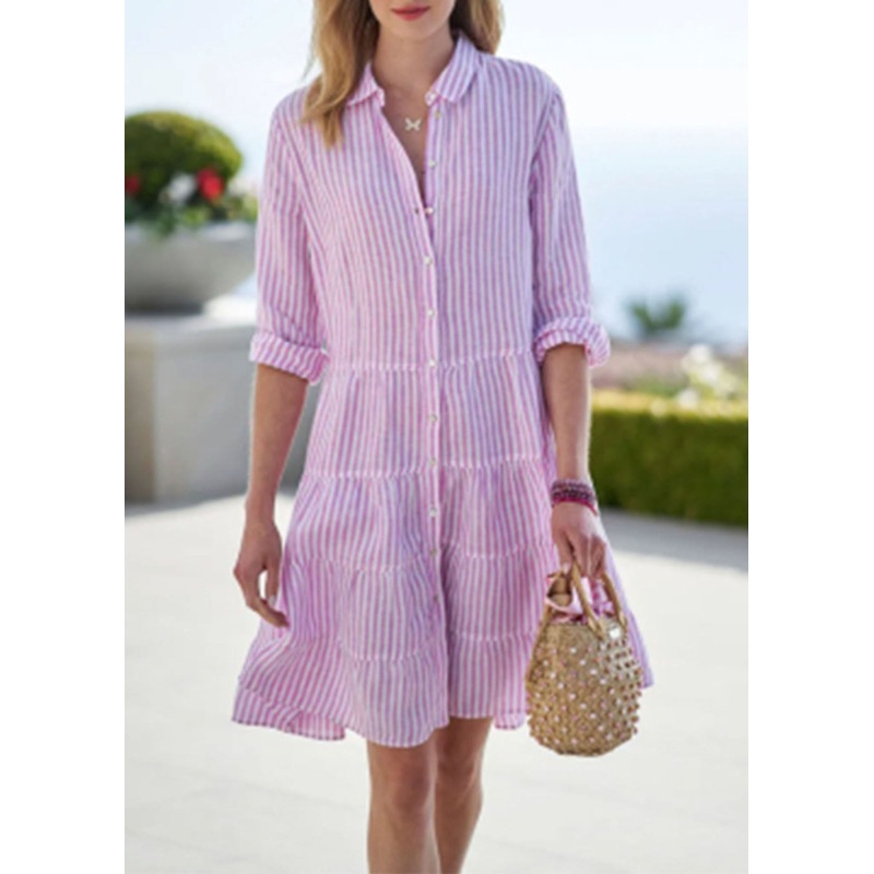 Collar Mid Sleeve Pan Dress Half Cute Peter Pink Button