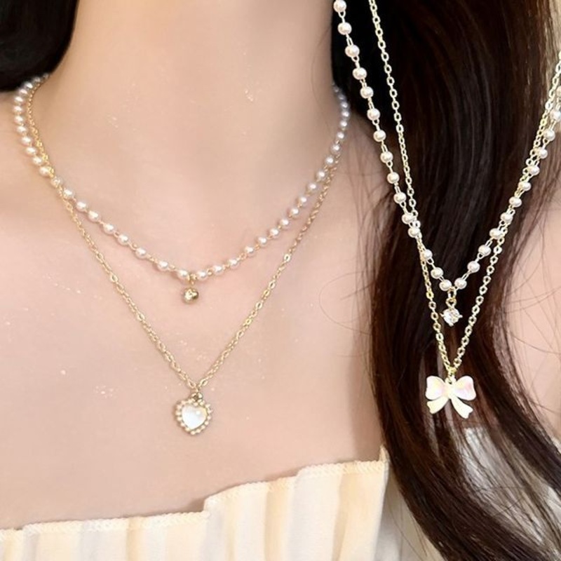 Faux Necklace Pearl Layered|Bow – Gold|Heart – Gold|One Size