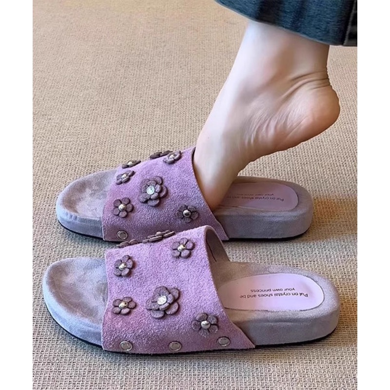 Fine Purple Peep Sandals Toe Slide Suede Splicing Floral