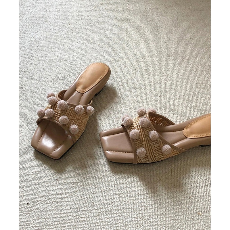 Fuzzy Apricot Peep DDecorated Ball Sandals Wedge Slide Splicing