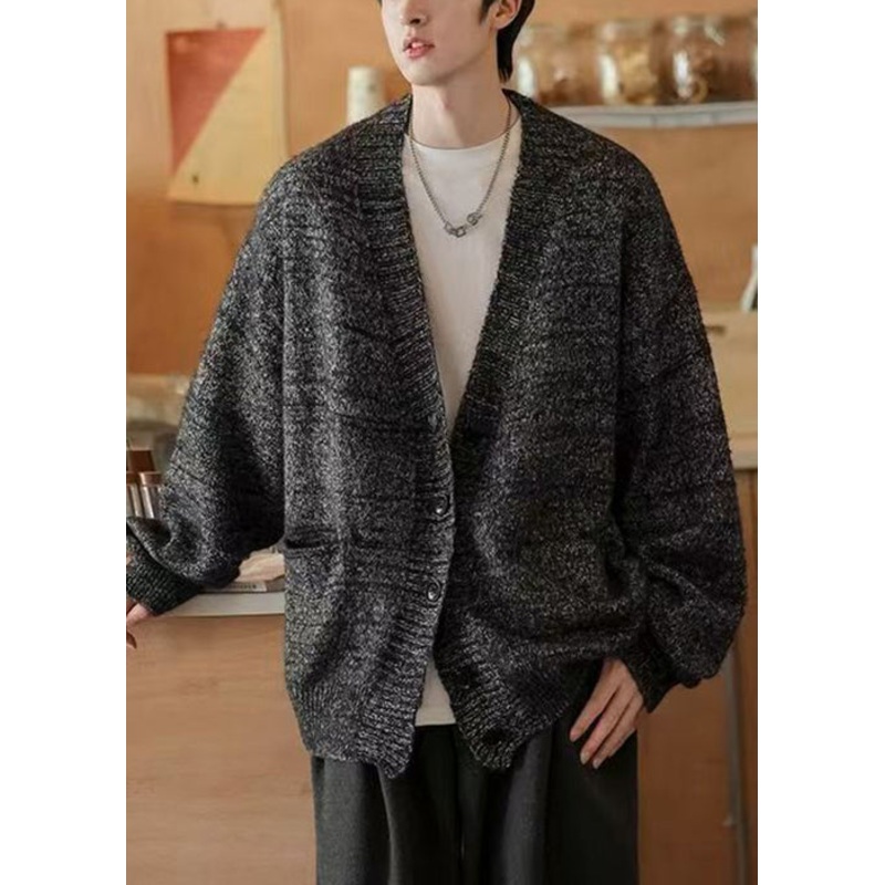 Pockets V Dark Neck Gray Cardigans Simple Spring Knit Mens