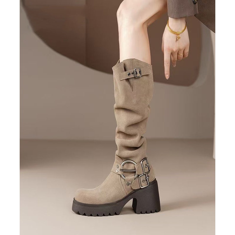 Splicing Camel Suede Chunky Light Boots Heel Buckle