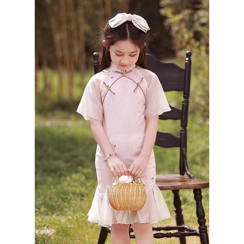 Stand Girls Short Collar Button Pink Maxi Sleeve Dress