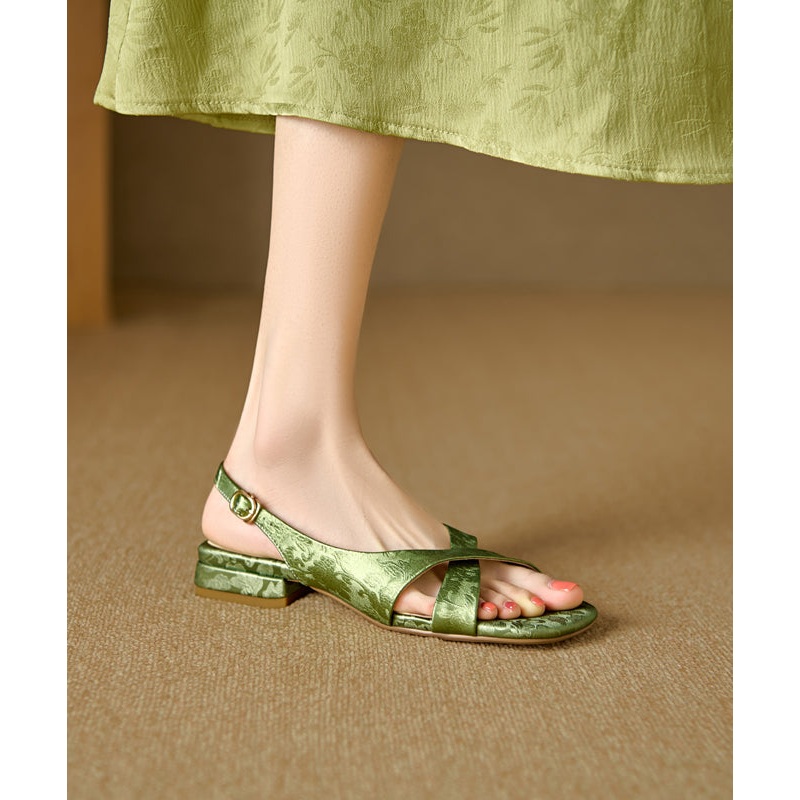 Strap Cross Leather Sandals Cowhide Peep Green Walking Splicing