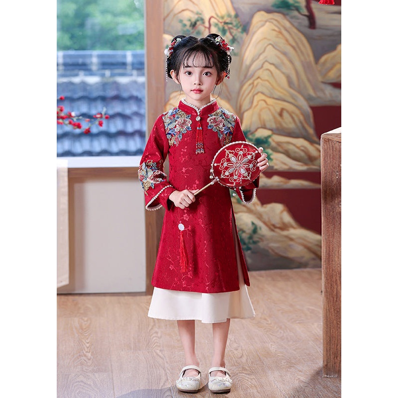 Style Embroideried Kids Maxi Red Dress Nail Bead Spring Chinese