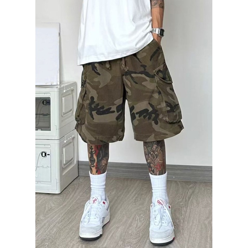 Summer Camouflage Pockets Waist Elastic Men Shorts Cotton
