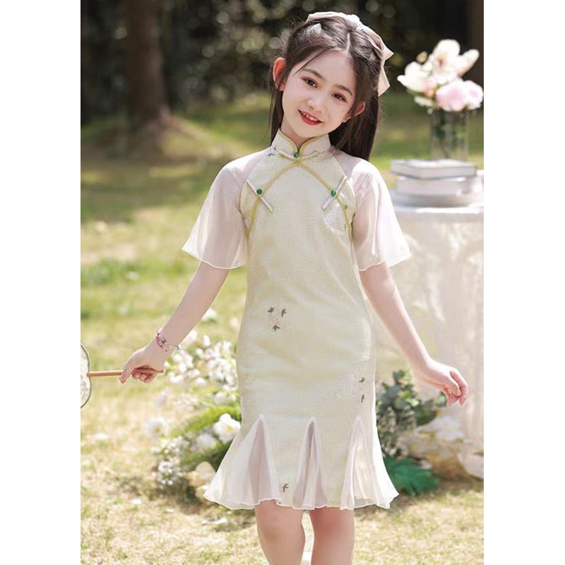 Summer Light Patchwork Kids Print Ruffled Retro Long Dress Green