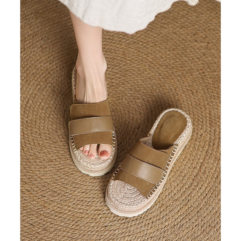 Toe Sandals Peep Platform Splicing Slide Suede Khaki